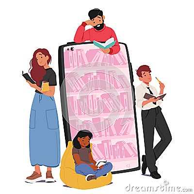 Tiny Reader Characters Utilize Online Library Services From Their Devices Anytime, Anywhere, To Access Digital Books Vector Illustration