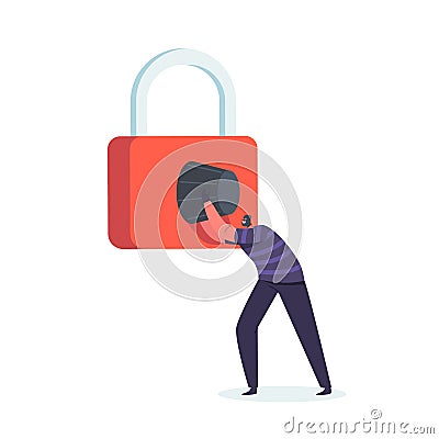Tiny Robber in Mask Destroying Huge Safe Padlock. Robbery, Cyber Crime, Hacker Attack Concept. Hacker or Intruder Vector Illustration