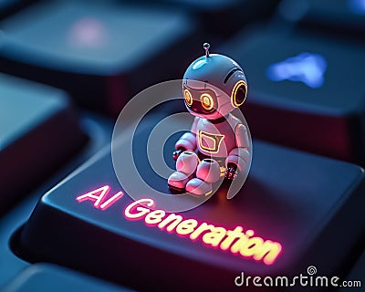 A tiny robot figure is perched on a key of a computer keyboard that reads AI generation. Stock Photo