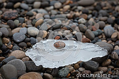 A tiny rock found perched on ice surrounded by other rocks Stock Photo