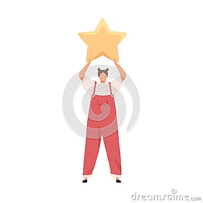 Tiny satisfied client giving feedback, holding golden star. Good rating, service assessment and positive customer Vector Illustration