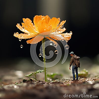 tiny sized person next to a big sized flower generative AI Stock Photo