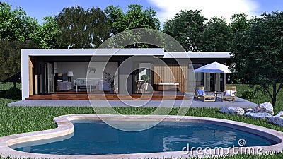 Tiny Small House from shipping containers with terrace, pool and garden Stock Photo