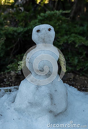 Tiny Snowman Lingers in a snow Patch that remains on a summer trail Stock Photo