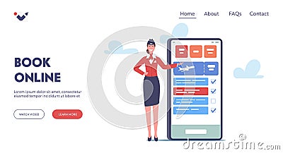 Tiny Stewardess Character near Huge Smartphone Landing Page Template. Flight Attendant, Air Hostess Inviting Passengers Vector Illustration