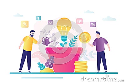 Tiny team grows best business idea. Male characters invest in new idea. Concept making money Vector Illustration