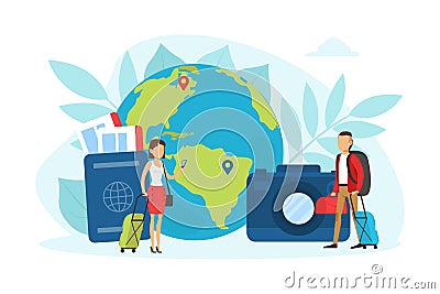 Tiny Tourists Characters Going on Vacation with Luggage, Traveling over the World Concept Vector Illustration Vector Illustration