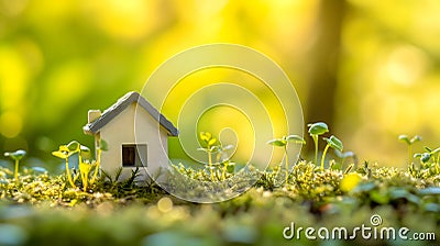 Tiny toy house on spring grass sprouts. Stock Photo