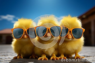 Tiny trendsetter Chick with sunglasses, happy, small, spring farm animal Stock Photo