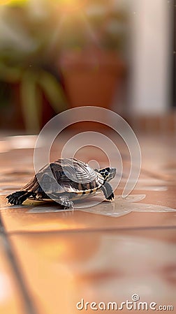 Tiny turtle explores tile floor, gleaming shell catching ambient light Stock Photo