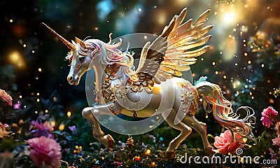 A tiny unicorn the size of a hummingbird, hovering over a magical garden. Cartoon Illustration