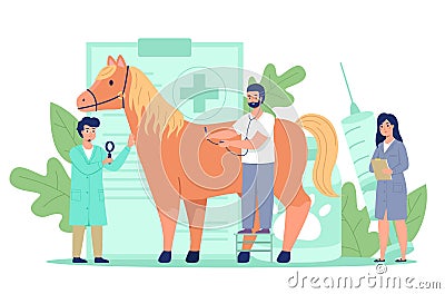 Tiny vet doctors. Miniature veterinarians treat big horse, preventive domestic animal examine and treatment, pet checkup Vector Illustration