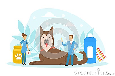 Tiny Veterinarian Doctors Examining and Treating Big Dog Animal, Pets Medical Treatment, Prevention and Vaccination Vector Illustration