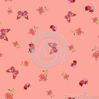 Tiny Vibrant Peach Butterfly and Strawberry Pattern in Vector Vector Illustration