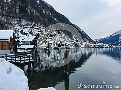 The Tiny Village Of Hallstatt, Austria, And Mountains With Lake. Stock Photo