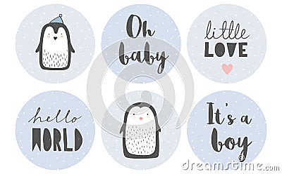 Baby Shower Candy Bar Vector Tag Set. 6 Cute Circle Shape Tags. It`s a Boy. Vector Illustration