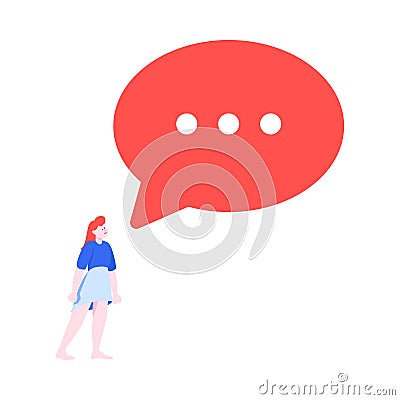 Tiny Woman Character and Huge Speech Bubble Vector Illustration Vector Illustration