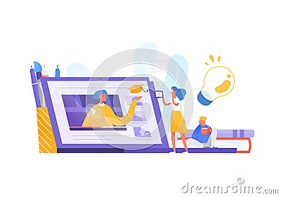 Tiny woman or female student standing in front of giant laptop and looking at screen. Distance learning, internet Vector Illustration