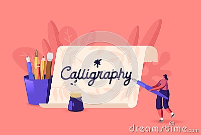 Tiny Woman with Quill Pen Practicing in Spelling Lettering and Calligraphy on Huge Banner. Female Character Writing Vector Illustration