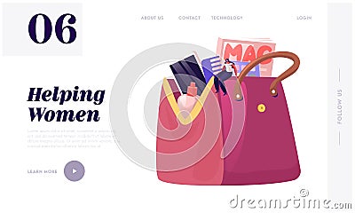 Tiny Woman Sitting on Huge Female Cosmetician Bag Full of Different Things and Belongings as Mobile Phone, Cosmetics Vector Illustration