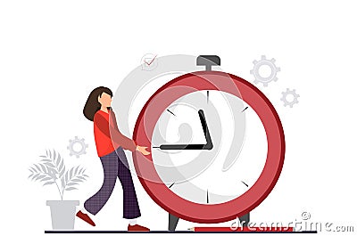 Tiny woman standing near timer, time management concept planning, organization, working time concept, scheduling team project, Vector Illustration