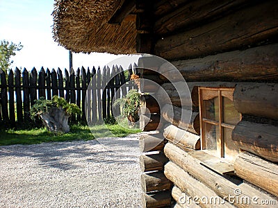 Tiny wooden cottage with a thatched roof Stock Photo