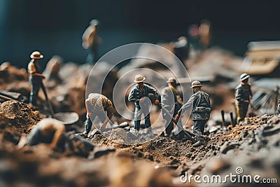 Tiny workers in protective helmets and vests doing earthworks close up. Generative AI illustration Cartoon Illustration