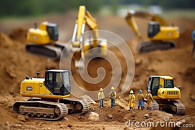 Tiny workers in protective helmets and vests doing earthworks close up. Generative AI illustration Cartoon Illustration