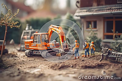 Tiny workers in protective helmets and vests doing earthworks close up. Generative AI illustration Cartoon Illustration