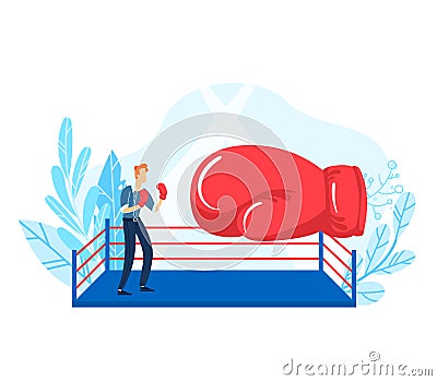 Tiny young businessman fight boxing glove, concept competition industrial struggle market isolated on white, flat vector Vector Illustration