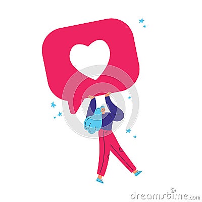 Tiny young woman carry heart button. Like Vector Illustration