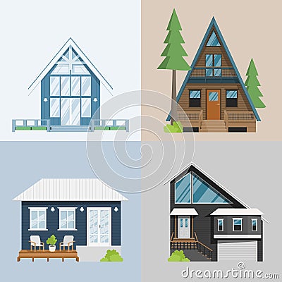 Four houses pack with rural or suburban or tiny house Vector Illustration