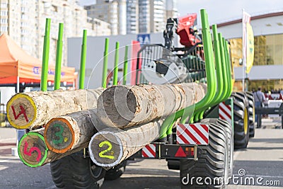 Tip truck transportation of sawn timber. The truck transports logs, on the road. Cut logs are loaded on a truck. Large truck Editorial Stock Photo