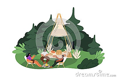 Tipi camping. Friends around fire, relaxing in nature at teepee. People talking at outdoor lounge, campsite. Tourists on Cartoon Illustration