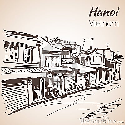 Tipical street voew in Hanoi. Vietnam. Sketch. Vector Illustration