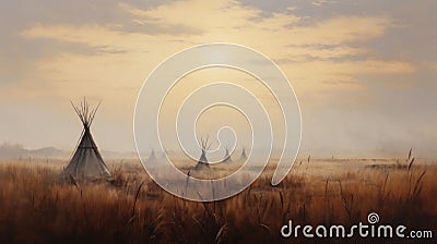 Painting of tipis, Native American tents in grassland Stock Photo