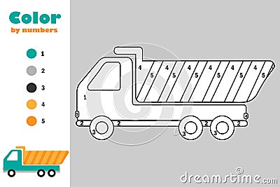 Tipper truck in cartoon style, color by number, education paper game for the development of children, coloring page, kids Stock Photo