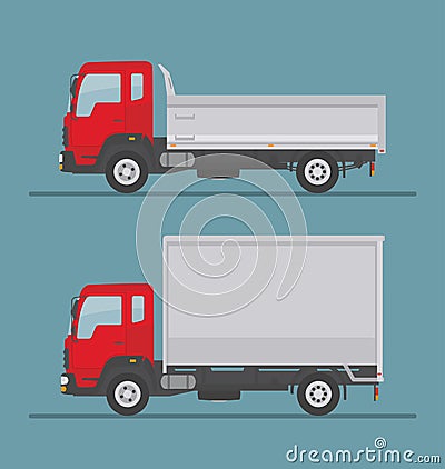 Tipper truck and delivery truck isolated on blue background. Vector Illustration