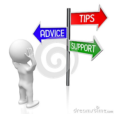 Tips, advice, support concept - signpost with three arrows, cartoon character Cartoon Illustration