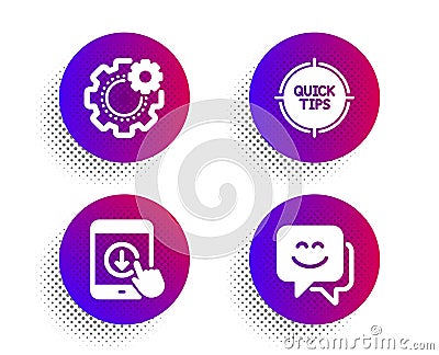 Tips, Cogwheel and Scroll down icons set. Smile face sign. Quick tricks, Engineering tool, Swipe arrow. Chat. Vector Vector Illustration