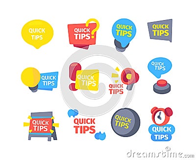 Tips quick set. Hints useful tips color banners alarm clock ringing megaphone message board red button question mark Vector Illustration