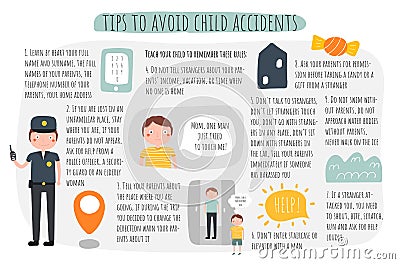 Tips to avoid child accidents infographic. Recommendations for parents about child safeness. Vector Illustration