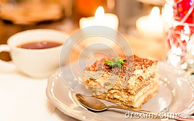 tiramisu by candlelight, romantic date in Italy, Stock Photo