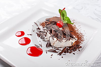 Tiramisu. Classical Dessert with cocoa and chocolate on white square plate. Garnished with Cherry and Mint. Sweet Stock Photo