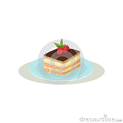 Tiramisu with coffee glaze and two raspberries on top. Appetizing Italian dessert. Sweet food. Colorful flat vector icon Vector Illustration