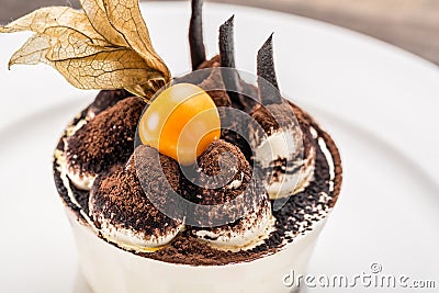 Tiramisu dessert cake with ground cherry closeup on white plate Stock Photo