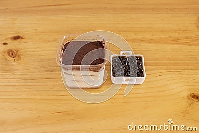 Tiramisu Dessert in Clear Plastic Takeout Container with Berry Flavored Stock Photo