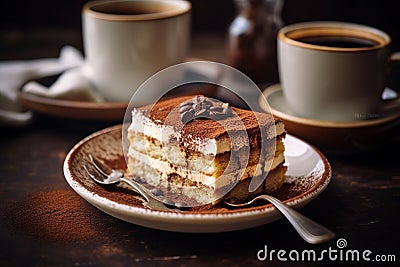 a tiramisu slice set against a blurred backdrop of a traditional Italian café scene. Stock Photo