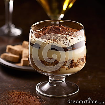 Tiramisu in a stem glass. Creamy coffee dessert in a glass. Stock Photo