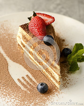 tiramisu with strawberries and blueberries Stock Photo